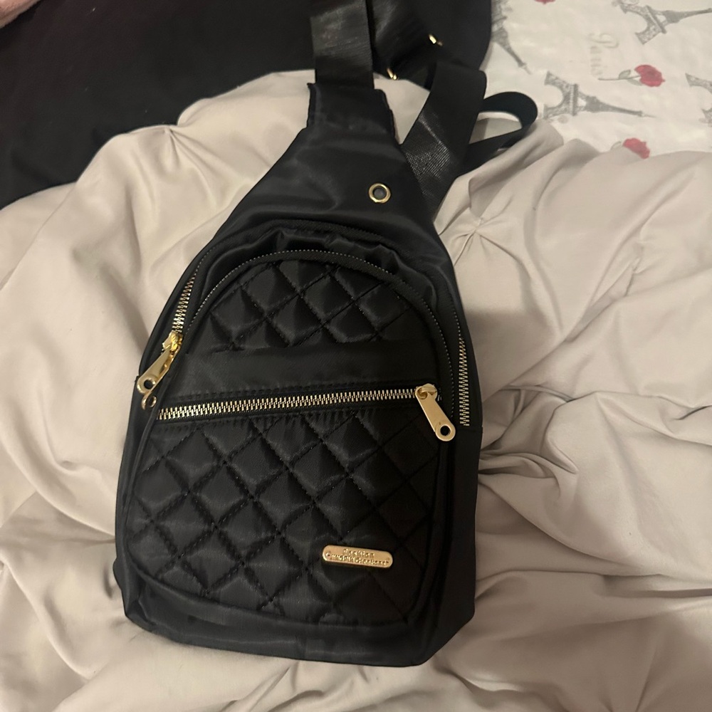 Black Quilted Sling Bag with Gold Accents
